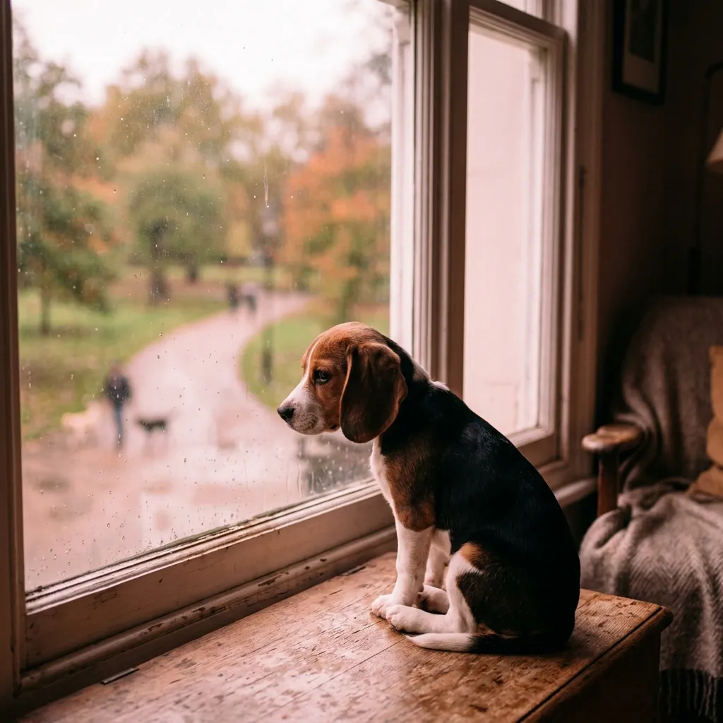 Pencereden dışarı bakan yalnız köpek